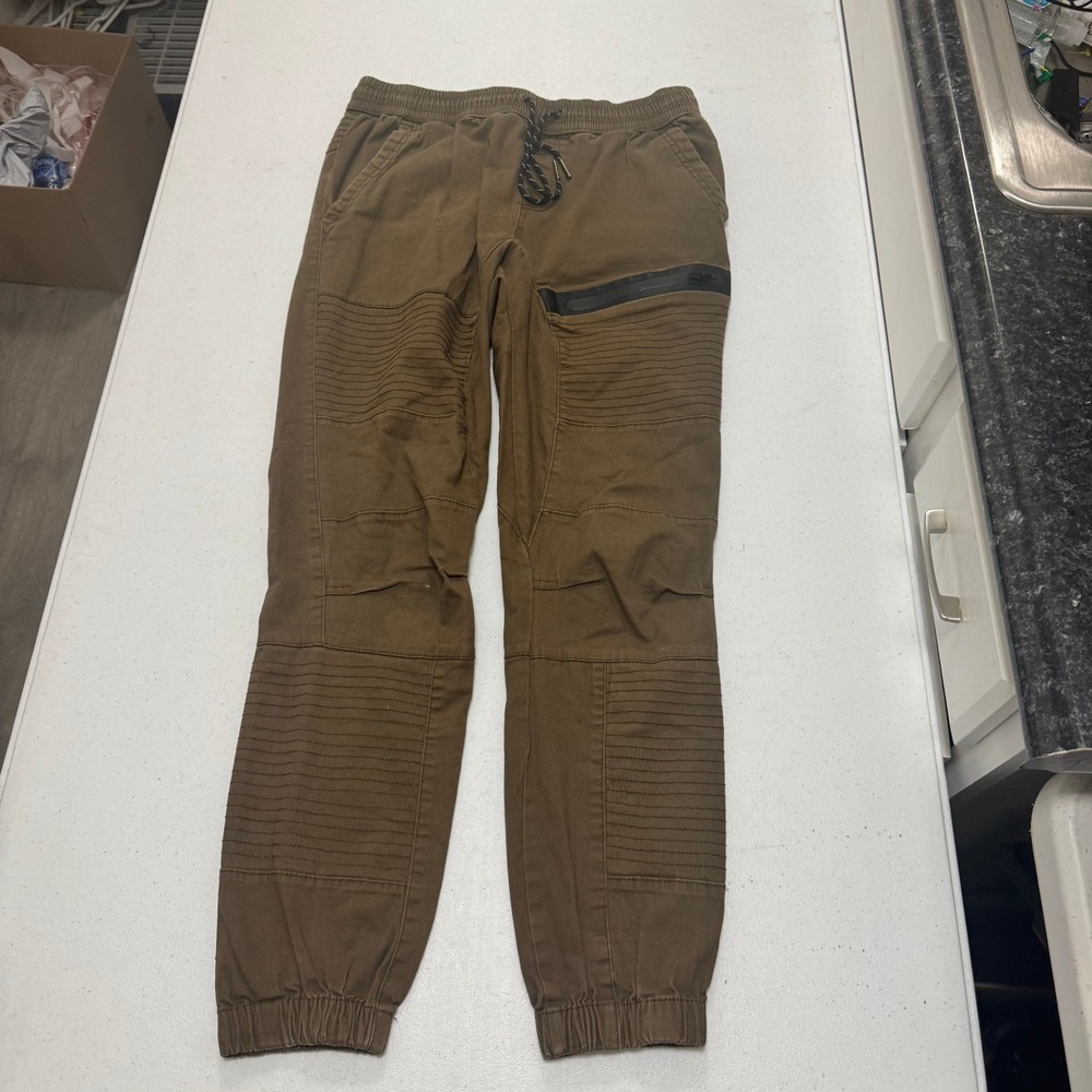 Ring of Fire Mens Moto Jogger Pants Brown Elastic Waist Biker Streetwear 29x27